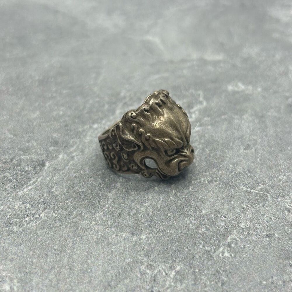 Rare Antique Old China Miao Real Stamped Silver Dynasty Palace Lion Head Hand Ri